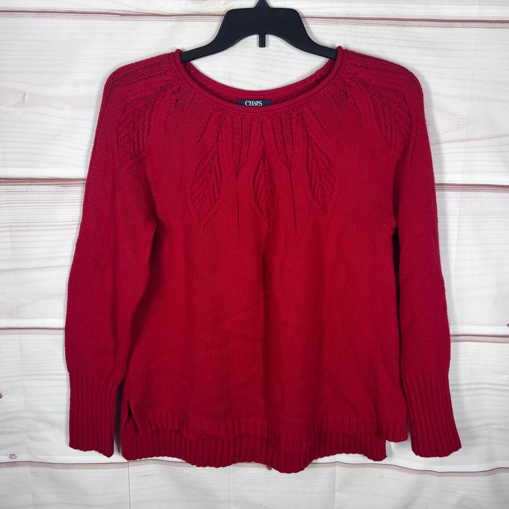 Chaps Sweater Women XL Red Pullover Leaf Knit Long Sleeve Crew Neck Cotton Blend